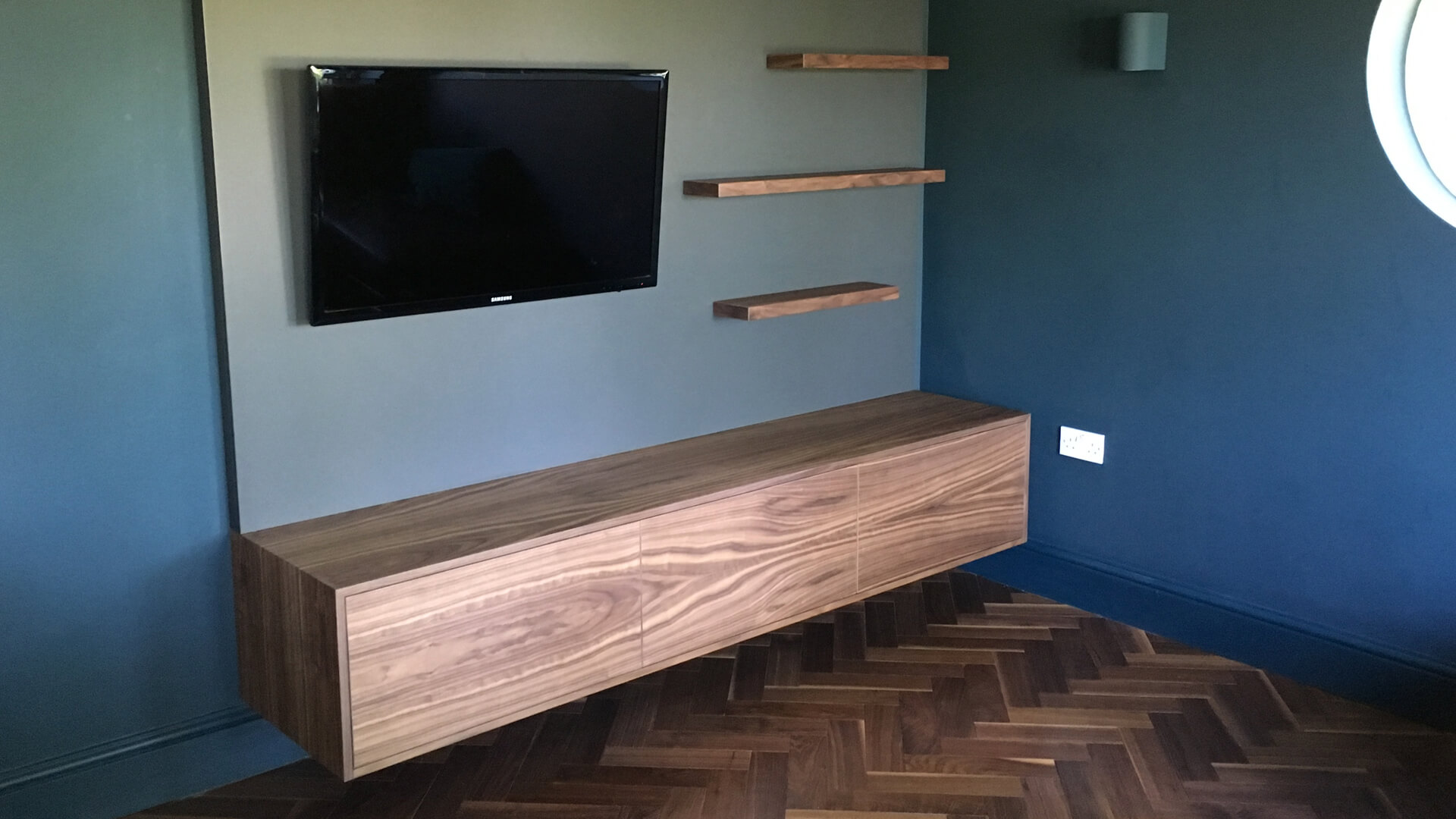 Bespoke Wooden Furniture Media Wall With Walnut Av Cabinet